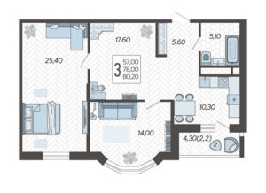 Литер 5Б - Планировка трехкомнатной квартиры (и больше) в ЖК Зеленодар в Краснодаре