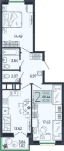 Дом 1 - Планировка двухкомнатной квартиры в ЖК Эстет в Краснодаре