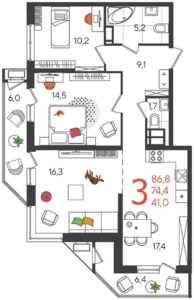 Литер 4 - Планировка трехкомнатной квартиры (и больше) в ЖК Рекорд в Краснодаре