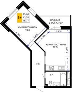 Планировка однокомнатной квартиры в ЖК Сегодня в Краснодаре