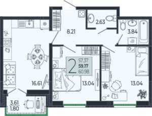 Дом 1 - Планировка двухкомнатной квартиры в ЖК Эстет в Краснодаре