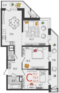 Литер 4 - Планировка трехкомнатной квартиры (и больше) в ЖК Рекорд в Краснодаре