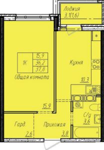 Планировка однокомнатной квартиры в ЖК Южная мечта в Краснодаре