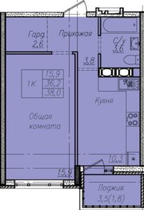 Планировка однокомнатной квартиры в ЖК Южная мечта в Краснодаре