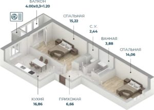 Литер 1 - Планировка двухкомнатной квартиры в ЖК Репин-Парк в Краснодаре