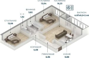 Литер 1 - Планировка трехкомнатной квартиры (и больше) в ЖК Репин-Парк в Краснодаре