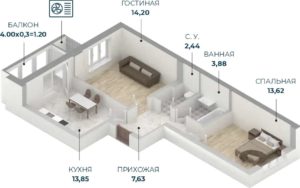 Литер 1 - Планировка двухкомнатной квартиры в ЖК Репин-Парк в Краснодаре