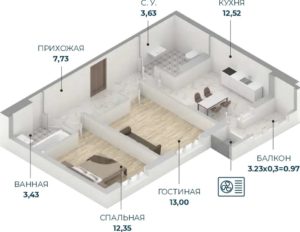 Литер 1 - Планировка двухкомнатной квартиры в ЖК Репин-Парк в Краснодаре