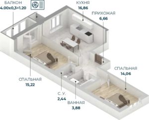 Литер 1 - Планировка двухкомнатной квартиры в ЖК Репин-Парк в Краснодаре