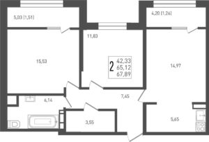 Литер 2 - Планировка двухкомнатной квартиры в ЖК Югге в Краснодаре