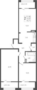 Литер 2 - Планировка двухкомнатной квартиры в ЖК Югге в Краснодаре