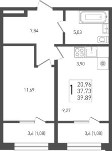 Литер 2 - Планировка однокомнатной квартиры в ЖК Югге в Краснодаре