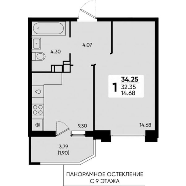 Литер 22 - Планировка однокомнатной квартиры в ЖК Достояние в Краснодаре