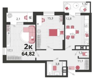 Литеры 11-15 - Планировка двухкомнатной квартиры в ЖК Родные Просторы в Краснодаре