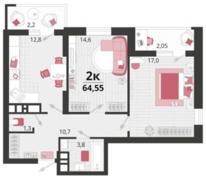 Литеры 11-15 - Планировка двухкомнатной квартиры в ЖК Родные Просторы в Краснодаре