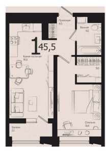 Дом «Малевич» (Литер 1) | Корпус 1/1 - Планировка однокомнатной квартиры в ЖК Эрмитаж в Краснодаре