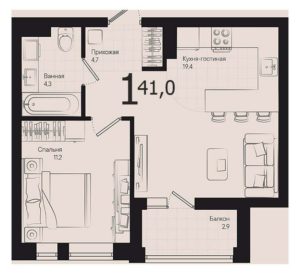 Дом «Малевич» (Литер 1) | Корпус 1/2 - Планировка однокомнатной квартиры в ЖК Эрмитаж в Краснодаре