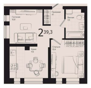 Дом «Малевич» (Литер 1) | Корпус 1/2 - Планировка двухкомнатной квартиры в ЖК Эрмитаж в Краснодаре
