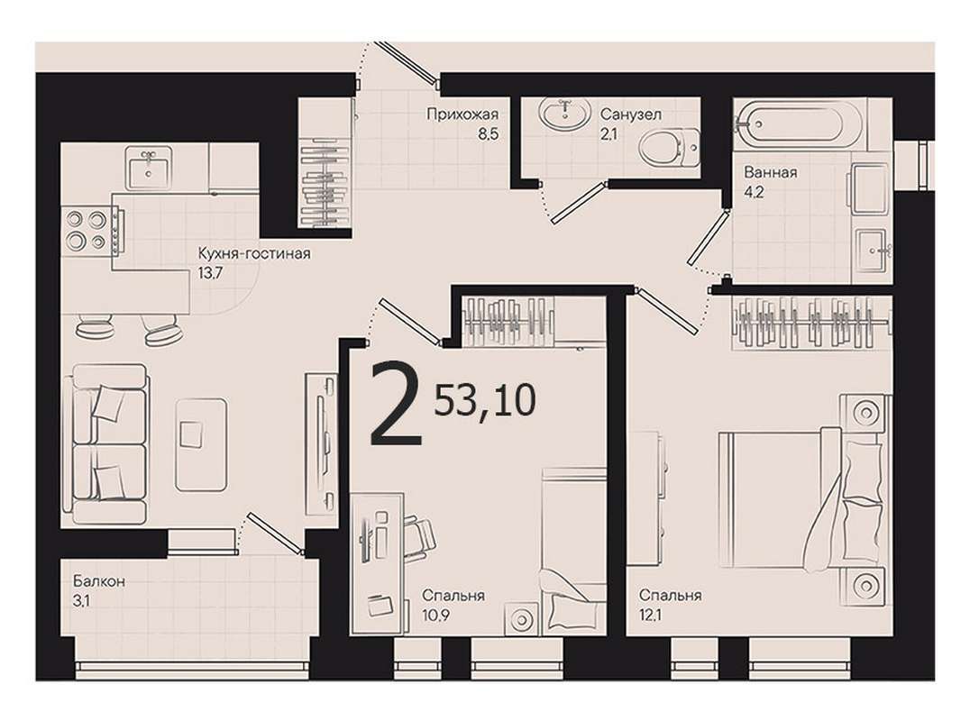 2-комнатная квартира 53,1 м² в доме «Малевич» | Корпус 1/1 в ЖК Эрмитаж в  Краснодаре