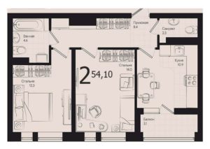 Дом «Малевич» (Литер 1) | Корпус 1/1 - Планировка двухкомнатной квартиры в ЖК Эрмитаж в Краснодаре