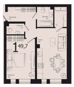 Дом «Малевич» (Литер 1) | Корпус 1/1 - Планировка однокомнатной квартиры в ЖК Эрмитаж в Краснодаре