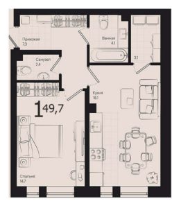 Дом «Малевич» (Литер 1) | Корпус 1/2 - Планировка однокомнатной квартиры в ЖК Эрмитаж в Краснодаре