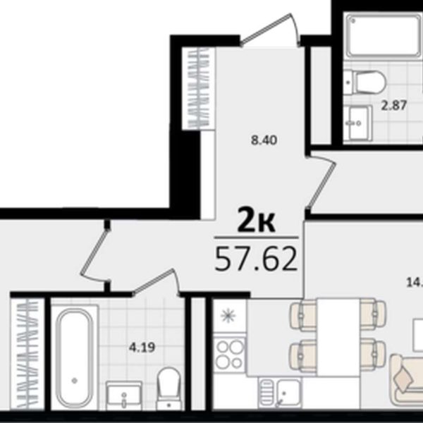 Литер 2 - Планировка двухкомнатной квартиры в ЖК Патрики в Краснодаре