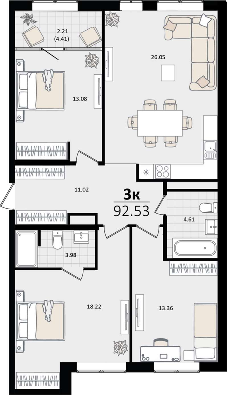 3-комнатная квартира 92,53 м² в литере 2 в ЖК Патрики в Краснодаре