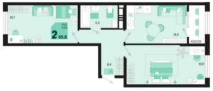 Квартал 1.5 - Планировка двухкомнатной квартиры в ЖК Первое место в Краснодаре