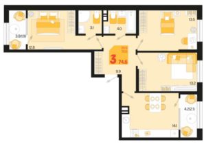 Квартал 1.5 - Планировка трехкомнатной квартиры (и больше) в ЖК Первое место в Краснодаре