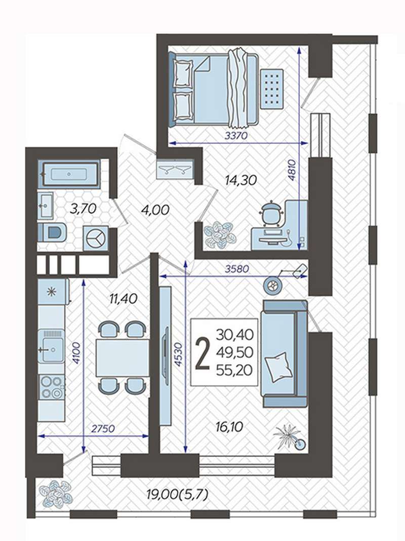 2-комнатная квартира 55,2 м² в ЖК Небо в Краснодаре - Купить по цене от  застройщика