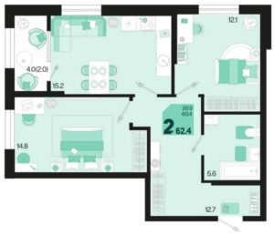 Квартал 1.4 - Планировка двухкомнатной квартиры в ЖК Первое место в Краснодаре
