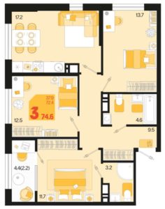 Квартал 1.5 - Планировка трехкомнатной квартиры (и больше) в ЖК Первое место в Краснодаре