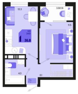 Квартал 1.4 - Планировка однокомнатной квартиры в ЖК Первое место в Краснодаре