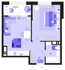 Квартал 1.5 - Планировка однокомнатной квартиры в ЖК Первое место в Краснодаре