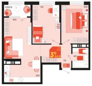 Квартал 1.4 - Планировка двухкомнатной квартиры в ЖК Первое место в Краснодаре