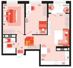 Квартал 1.5 - Планировка двухкомнатной квартиры в ЖК Первое место в Краснодаре