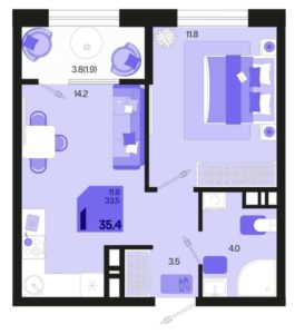 Квартал 1.5 - Планировка однокомнатной квартиры в ЖК Первое место в Краснодаре