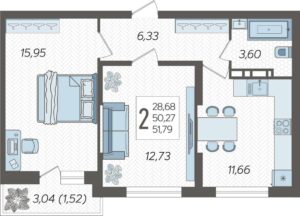 Литер 12; 13 - Планировка двухкомнатной квартиры в ЖК Смородина в Краснодаре