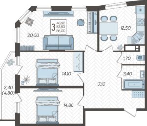 Литер 6А; 6Б; 7А; 7Б - Планировка трехкомнатной квартиры (и больше) в ЖК Зеленодар в Краснодаре