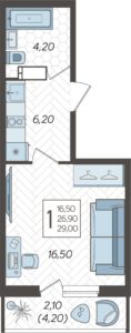 Литер 6А; 6Б; 7А; 7Б - Планировка однокомнатной квартиры в ЖК Зеленодар в Краснодаре