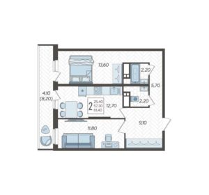 Литер 6А; 6Б; 7А; 7Б - Планировка двухкомнатной квартиры в ЖК Зеленодар в Краснодаре