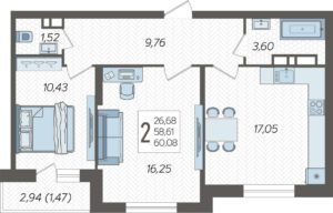 Литер 12; 13 - Планировка двухкомнатной квартиры в ЖК Смородина в Краснодаре
