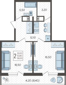 Литер 6А; 6Б; 7А; 7Б - Планировка двухкомнатной квартиры в ЖК Зеленодар в Краснодаре
