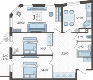 Литер 6А; 6Б; 7А; 7Б - Планировка трехкомнатной квартиры (и больше) в ЖК Зеленодар в Краснодаре